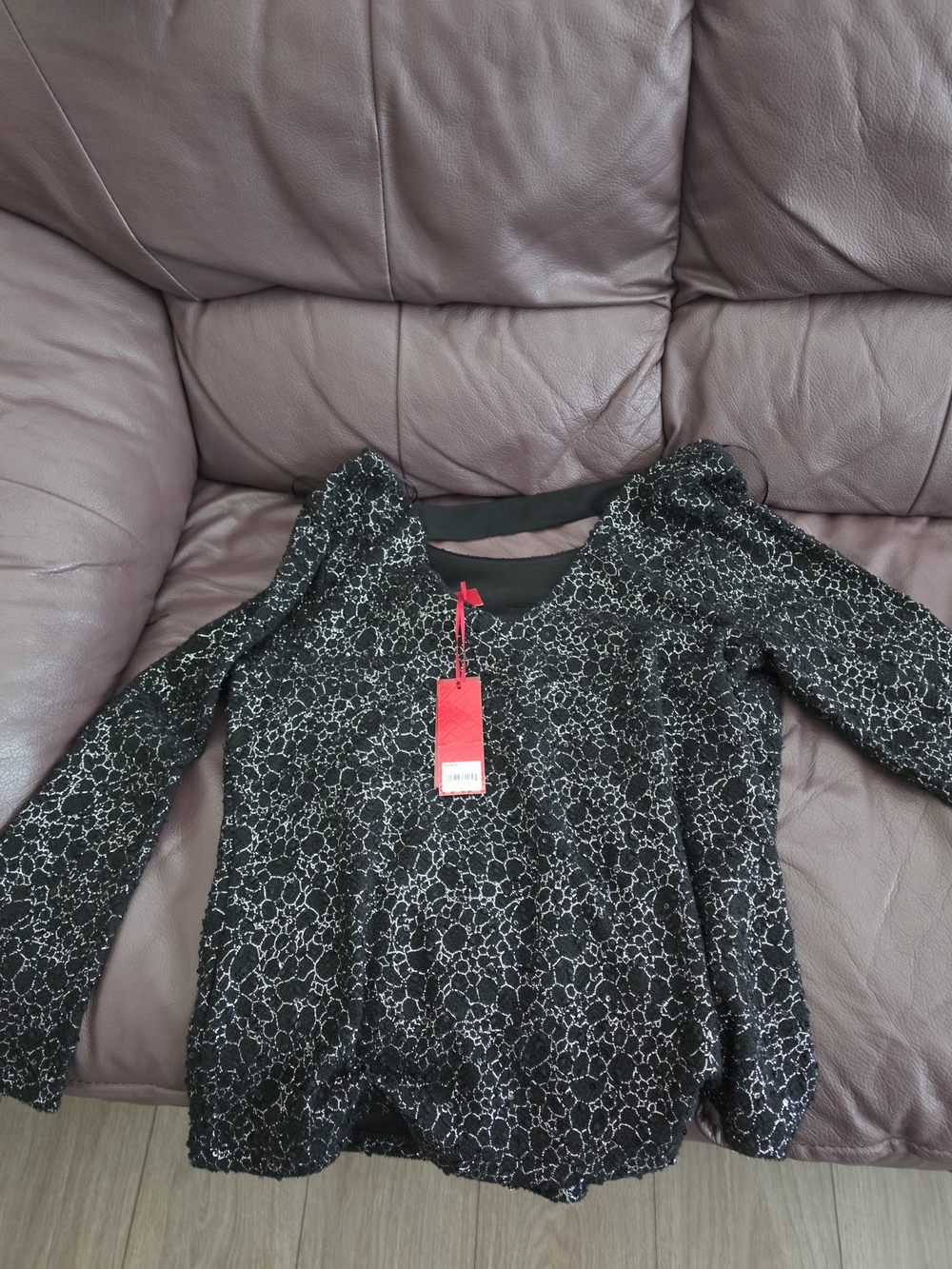 Jennifer Lopez Black Lace-Overlay Long Sleeve Blouse with Silver Accents
